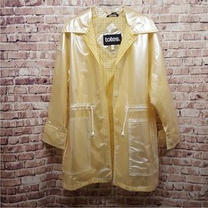 Totes Nylon yellow/white gingham plaid w/ Clear PVC Top Layer Rain Jacket Med